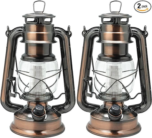 YAKii LED Vintage Lantern Metal Hanging Hurricane Lantern 12 LED Dimmer Switch Warm White Battery Operated Lantern Power Outage Indoor Camping Lighting Outdoor Brooklyn Lantern (Copper 2 Pack)