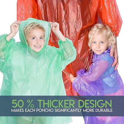 Lingito Rain Ponchos Family Pack - Emergency Drawstring Hood Poncho for Children & Adults Lightweight Reusable or Disposable