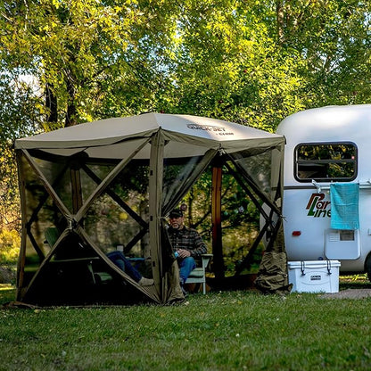 CLAM Quick Set Venture 9x9 Ft Portable Outdoor Camping Canopy Shelter, Green/Tan + Clam Quick Set Screen Hub Tent Wind & Sun Panels, Green (2 Pack)