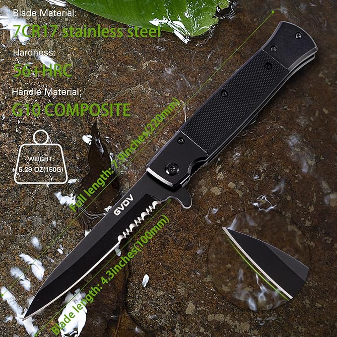 GVDV Folding Pocket Knife with G10 Handle, 7CR17 Stainless Steel EDC Knife with Safety Liner Lock, Hunting Camping Hiking Fishing Knife, Father's Day Gifts for Men Dad, Serrated