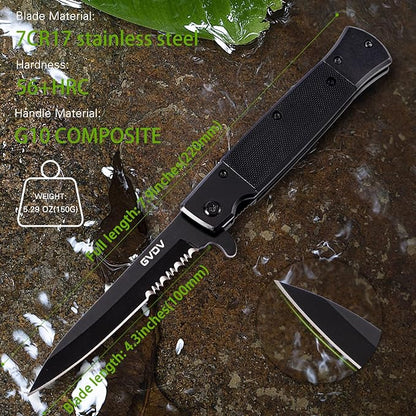 GVDV Folding Pocket Knife with G10 Handle, 7CR17 Stainless Steel EDC Knife with Safety Liner Lock, Hunting Camping Hiking Fishing Knife, Father's Day Gifts for Men Dad, Serrated