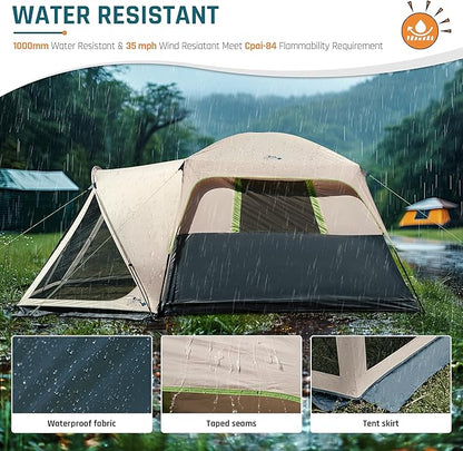 Tents for Camping 6 Person Camping Tent with Screen Porch, Weatherproof Large Cabin Tent with Rainfly and Carry Bag, Family Tent for Outdoor Camping and Backyard