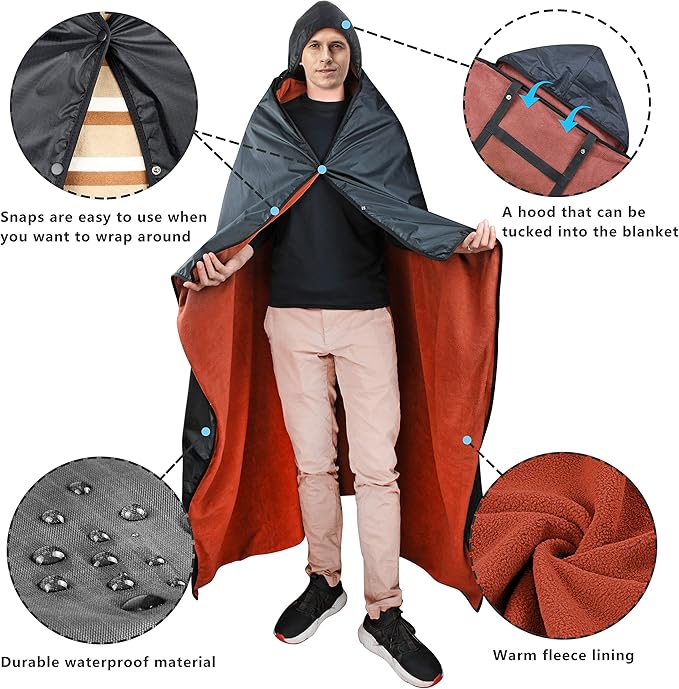 Catalonia Waterproof Blanket for Outdoor, Hooded Blanket Poncho, Windproof, Warm for Stadium,Sporting Events, Camping