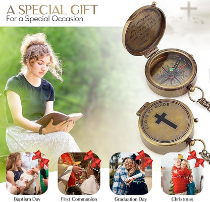 God is My Guide Brass Compass Gift with Display Box - Engraved Scripture Prayer Compass Religious Gift for Men & Women - Baptism, Confirmation, Communion Compass for Boys Graduation Gift