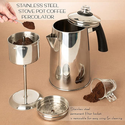 Mixpresso Stainless Steel Stovetop Coffee Percolator, 52 oz Classic Percolator Coffee Pot, Excellent As Camping Pot, 12 Cup Stainless Steel Camping Coffee Makers, Cool-Touch Handle.