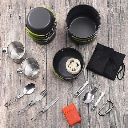 G4Free Camping Cookware Mess Kit 19 Pieces Hiking Backpacking Picnic Cooking Bowl Non Stick Pot Pan Knife Spoon Set 19PCS (Green)