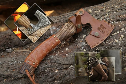 13” Inch Viking Axe- Ash Wood Handle Hatchets and Axes with Leather Wrap, Wood Splitting Axe, Camping Axe, Throwing Axes and Tomahawks - Gift for Father’s day, Husband(Rare Viking)
