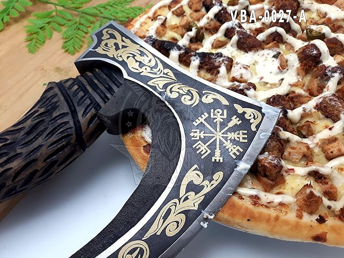 SHINY CRAFTS-Norse Viking Axe Wedding Gifts Camping Axe Berserker Axes-Handmade Viking Pizza Axe Authentic Medieval Pizza Cutter Axe with Carved Handle & Leather Sheath (VBA-27-A)