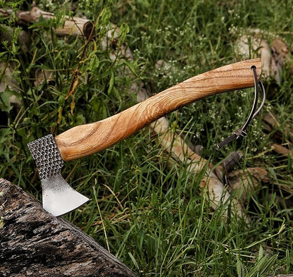 HotSteel Carving Axe Hand Forged Camping Axe with Sheath - Bushcraft Hatchet Camping Small Axe with Wood Handle - Bearded Wooden Axe Survival Hatchet Axe for Chopping Wood and Gardening