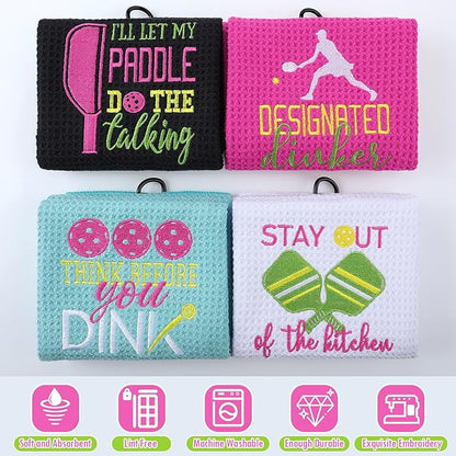 Hosuly 4 Pieces Funny Dinkball Towels Microfiber Cotton Athletic Towels with Clip Embroidered Towel Gift for Men Women Dinkball Lovers(Women,Elegant)