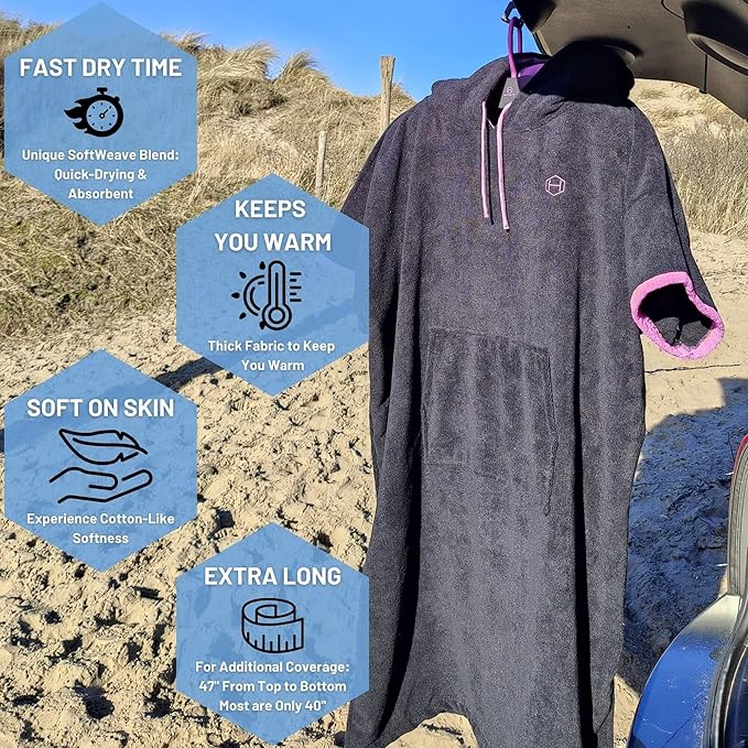 Hang 11' Surf Poncho - Surf Changing Poncho with Front Pocket, Changing Towel Poncho Adult, Swim Poncho Towel, Hooded Towel Adult, Beach Poncho, Wearable Towel, Beach Changing Poncho