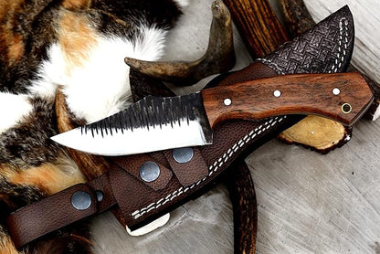 Horizontal Carry Knife, Handmade Full Tang Bushcraft Knife with Comfortable Grip, Hunting Knife with Leather Sheath, Stainless Steel Fixed Blade Knife for Men
