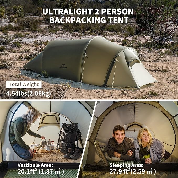 Naturehike Opalus 2/3 Person Tunnel Tent, Lightweight Backpacking Tent with Vestibule, Double Wall 4 Season Tents for Camping