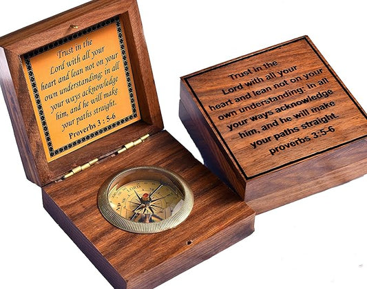 Trust in The Lord with All Your Heart -Proverbs 3: 5-6 Quote Brass Compass Gift with Wooden Box -Religious Gift for Men & Women -Christian, Catholic, Graduation, Sentimental & Inspirational Present