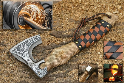 13” Inch Valhalla Axe – Carbon Steel Viking Axe Head with Engraved Handle, Hatchet Axe with Genuine Leather Sheath and Wrap, Camping Axe, Throwing Axe -Viking Gift for Men