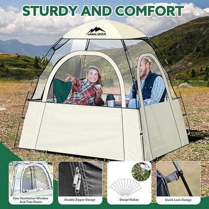 Sports Tent, 2-3 Person Outdoor Tent, 540° Transparent View,Waterproof/Coldproof, with Removable Top Cover, for Watching Sporting Events, Camping, Outdoor Activities (Khaki&Black) (Khaki)