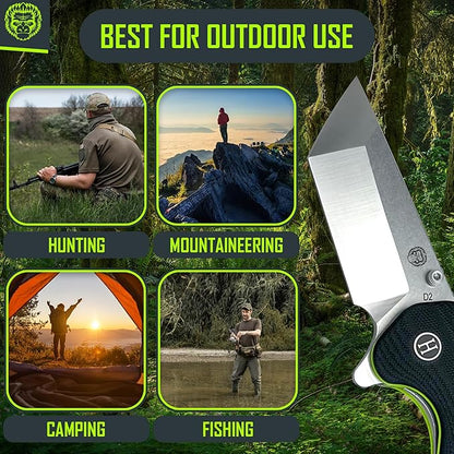 Holtzman's Gorilla Survival Folding Knife D2 Steel Blade G10 Handle Pocket Knife EDC Giftset for Men and Women (half stonewashed half silver blade + black/green liner)