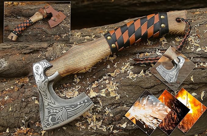 13” Inch Valhalla Axe – Carbon Steel Viking Axe Head with Engraved Handle, Hatchet Axe with Genuine Leather Sheath and Wrap, Camping Axe, Throwing Axe -Viking Gift for Men