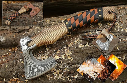13” Inch Valhalla Axe – Carbon Steel Viking Axe Head with Engraved Handle, Hatchet Axe with Genuine Leather Sheath and Wrap, Camping Axe, Throwing Axe -Viking Gift for Men