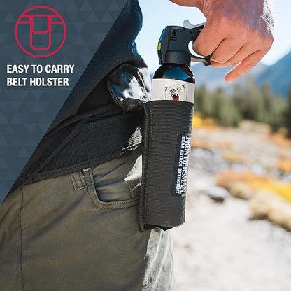 SABRE Frontiersman 9.2 fl oz. Bear Spray, Maximum Strength 2.0% Major Capsaicinoids, Powerful 35 ft. Range Bear Deterrent, Outdoor Camping & Hiking Protection, Quick Draw Holster & Multipack Options