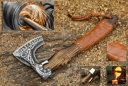 13” Inch Viking Axe- Ash Wood Handle Hatchets and Axes with Leather Wrap, Wood Splitting Axe, Camping Axe, Throwing Axes and Tomahawks - Gift for Father’s day, Husband(Rare Viking)