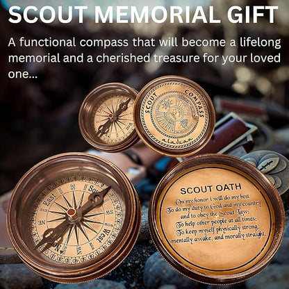 Scout Compass Gift Boys - Engraved Scout Oath Compass in wood Box Scout Always Prepared Camping Orienteering Compass, Hiking Backpacking Compass gift, 50 year calander