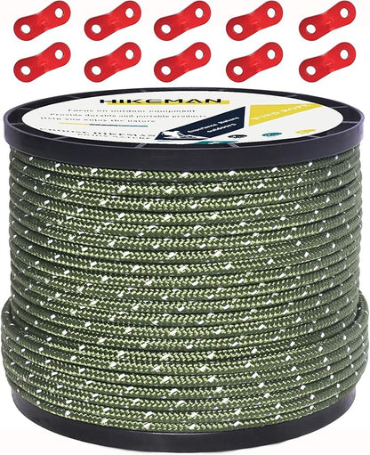 HIKEMAN 50m Reflective Guyline Solid Braid Nylon Camping Rope with Aluminum Adjuster Cord Tensioner Tent Accessory for Outdoor Travel,Hiking,Backpacking and Water Activities (Army Green, 4mm)