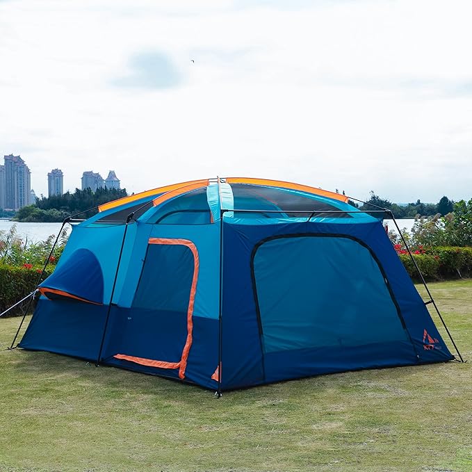 KTT Extra Large Tent 10-12-14 Person(Style-B),Family Cabin Tents,2 Rooms,3 Doors and 3 Windows with Mesh,Straight Wall,Waterproof,Double Layer,Big Tent for Outdoor,Picnic,Camping,Family Gathering