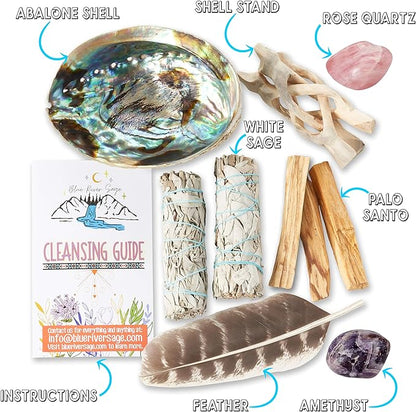 Home Cleansing & Smudging Kit with White Sage, Palo Santo, Abalone & Stand, Smudge Feather & Guide - Smudge Kit with Sage Smudge Sticks