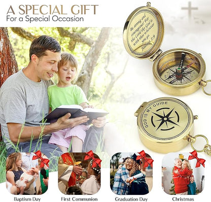 God is My Guide Brass Compass Gift with Display Box - Engraved Scripture Prayer Compass Religious Gift for Men & Women - Baptism, Confirmation, Communion Compass for Boys Graduation Gift