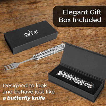Caliber Gourmet Tactical Butterfly knife style Fork-Folding Stainless Steel Camping Hiking BBQ Grill Picnic Flatware Utensil