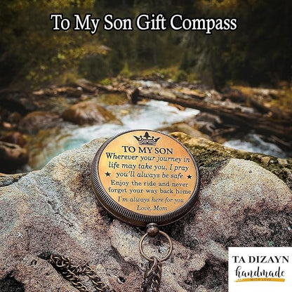 to My Son Compass with Wooden Box-Mom to Son Compass–Father to Son Gifts- to My Grandson -Graduation Day Gifts for Son-Birthday, Baptism, Graduation, Confirmation, Communion Compass for Women Men
