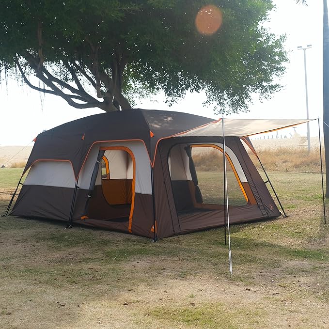KTT Extra Large Tent 10-12-14 Person(Style-B),Family Cabin Tents,2 Rooms,3 Doors and 3 Windows with Mesh,Straight Wall,Waterproof,Double Layer,Big Tent for Outdoor,Picnic,Camping,Family Gathering