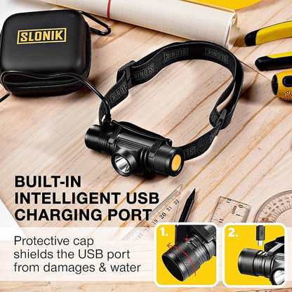 SLONIK Rechargeable Headlamp Flashlight - 500 Lumens Ultra Bright Headlight - IPX8 Waterproof Head Lamp Light for Outdoor Running, Hiking Gear, Hard Hat Helmet - Camping Accessories for Adults, Black