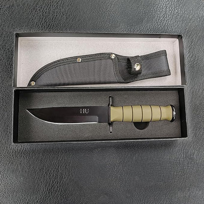 HU 5.5'' Fixed Blade Pocket Knife - Sharp Stainless Steel - Matte Black/Military Green- for Camping, Hiking, Survival, Unboxing package (Military Green)
