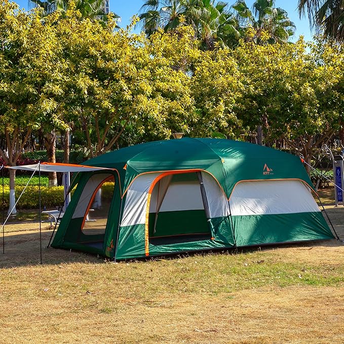 KTT Extra Large Tent 10-12-14 Person(Style-B),Family Cabin Tents,2 Rooms,3 Doors and 3 Windows with Mesh,Straight Wall,Waterproof,Double Layer,Big Tent for Outdoor,Picnic,Camping,Family Gathering
