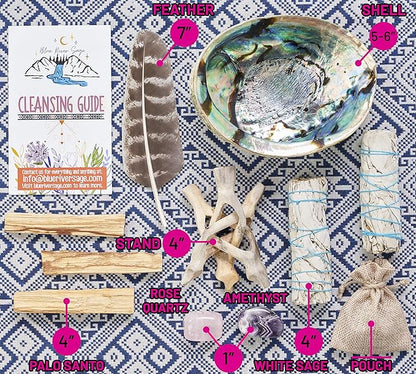 Home Cleansing & Smudging Kit with White Sage, Palo Santo, Abalone & Stand, Smudge Feather & Guide - Smudge Kit with Sage Smudge Sticks