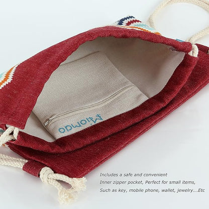 Drawstring Backpack Bohemia Style String Bag Canvas Beach Sport Daypack
